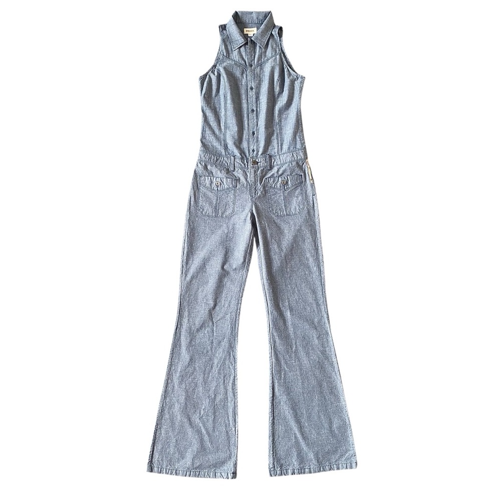 Diesel Y2K Vintage Chambray Jumpsuit Blue Sleeveless Collared Flare Leg Small S
